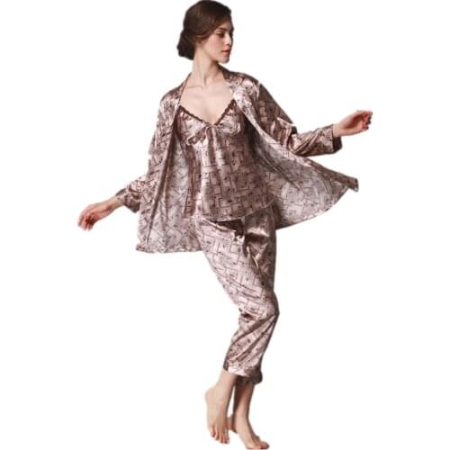Female Luxurious Satin Silk Pajamas Sets Lady Print Nightshirts + Vest + Trouser 3 Piece Sleepwear Pyjama Home Clothes Girls