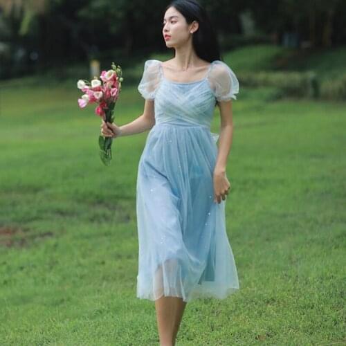 Summer New Female Sqaure Neck Mesh Shiny Fairy Dress Women Elegant Bling Gauze Princess Dresses