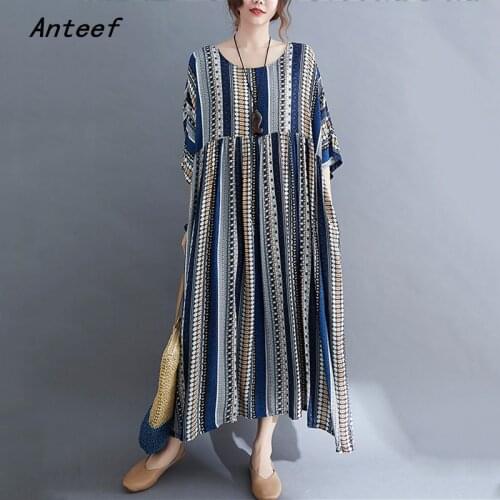 Short sleeve cotton vintage stripe dresses for women casual loose long woman summer dress elegant clothes 2021