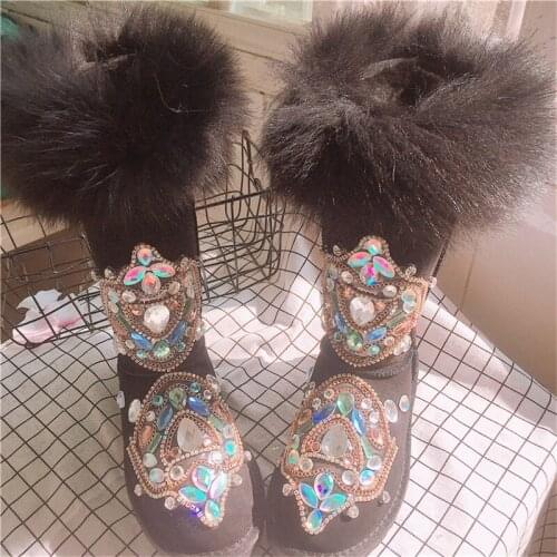 Winter New Fashion Warm Heavy Luxury Rhinestone Fox Hair Genuine Leather High Skis Boots Cotton Shoes