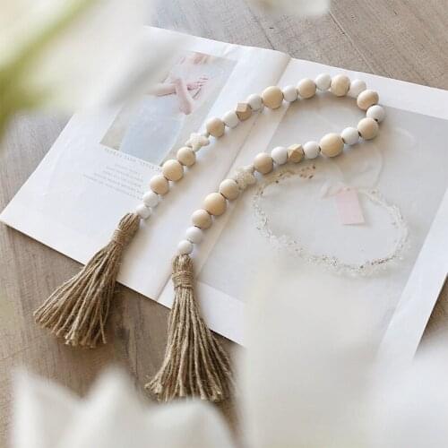 77CM Wood Bead Garland Farmhouse Rustic Country Prayer Beads Holiday Home Party Decoration Wall Hanging Children Kids Room Decor