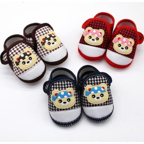 Bear Head Houndstooth Newborn Baby Boy Cotton Shoes Soft Sole Anti-Slip Footwear Crib Shoes for 0-18 Month