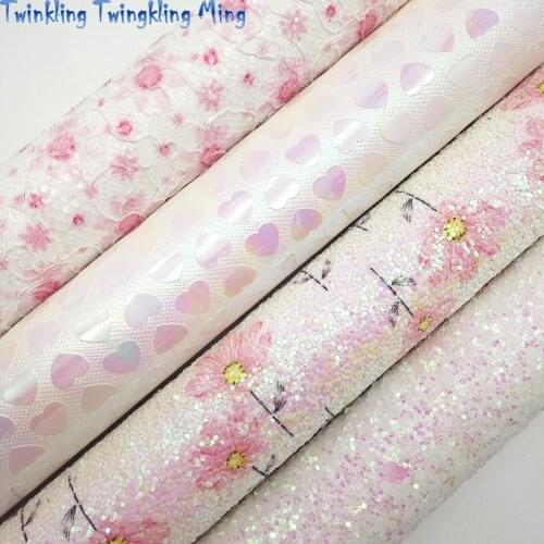 White Glitter leather, Flowers Printed Glitter Leather, Hearts Embossed Faux Fabric For Bow A4 21x29CM Twinkling Ming KM151
