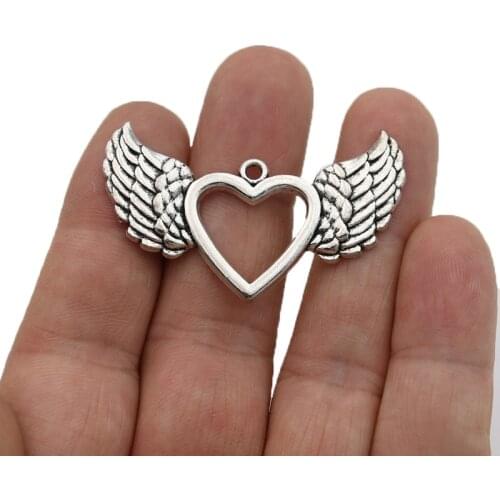 JAKONGO Antique Silver Plated Heart Wings Charms Pendants for Jewelry Making Bracelet DIY Accessories 42x28mm 5pcs