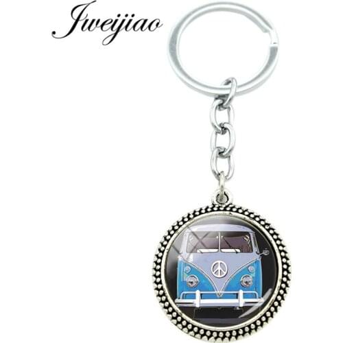 JWEIJIAO Fashion Hippie Peace Sign Van Bus Key Chain Ring Holder For Men Women Purse Bag Car Pendant Keychain Custom CT91