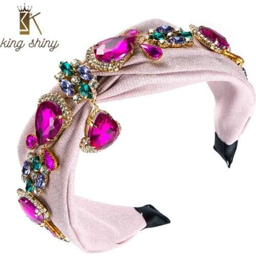 King Shiny Luxury Multi Color Crystal Pendant Heaadband Gorgeous Geometric Crystal Beaded Bowknow Hairband Bridal Wedding Crowns