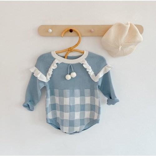 Spring and Autumn New Baby Girls Plaid Knit Romper