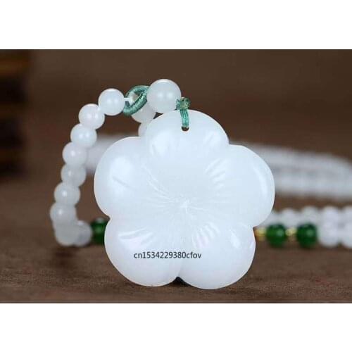 Natural White Jade Flower Pendant Necklace Charm Jewellery Fashion Accessories Hand-Carved Man Luck Amulet Gifts Sweater Chain