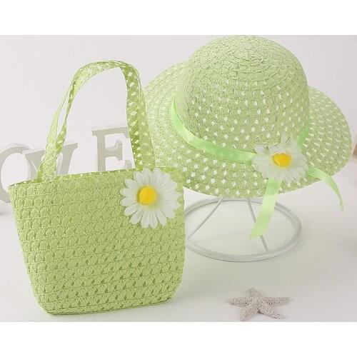 New Summer Children Beach Hats Set Wide Brim Yellow Straw Wide Hat Kids Holiday Travel Pink Beach Bags Flower Tote Handbags Suit