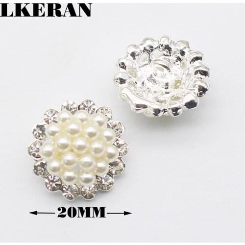 LKERAN New 10 Pieces 20mm Silver Pearl Rhinestone Alloy Buttons For Crystal Button Shank Sewing Applique Craft-Supplies