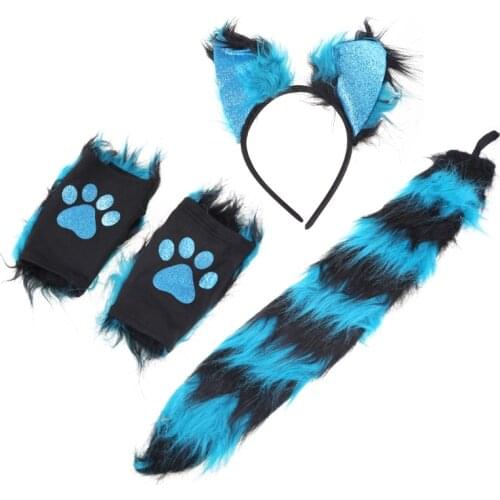 Cosplay Furry Animal Wolf Ears Hair Hoop Gloves Tail Set Lolita Costume Long Fur Costume for Halloween Party Decoration