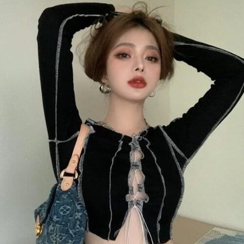 Sexy hollow out bandage tops women black color ribbed mesh tee shirt women 2021 summer club party street casual wear y2k tops