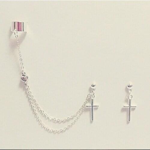 Cross And Tiny Heart Charm Cartilage Chain Earrings
