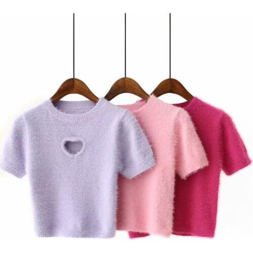European and American round neck love pattern hollow short-sleeved sweater