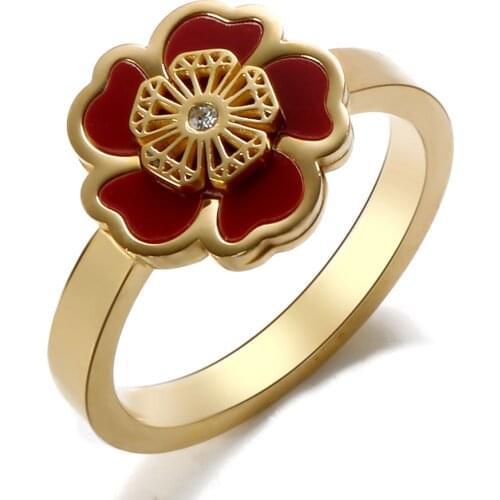 Vintage Red Shell Flower Rings Fashion Stainless Steel Rhinestone Gold Color Ring For Women Men Lover Wedding Party Jewelry