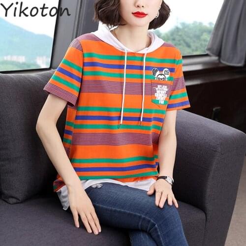 2021 Summer Clothes For Women Short Sleeve T-Shirts Female Basic Stripe Ladies Clothing Fashion Hooded Tops Cartoon T Shirt New