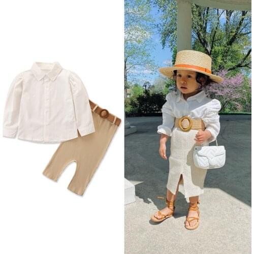 2021 1-6Y Fashion Kids Girl Clothing Solid Color Turn-Down Collar Long Sleeve Shirt+Knitted Slit Midi Skirt+Waist Belt Fall 3pcs