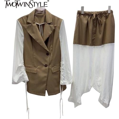 TWOTWINSTYLE Casual Hit Color Sets For Women Notched Flare Sleeve Blazer High Waist Harem Pants Drawstring Sets Female Fashion
