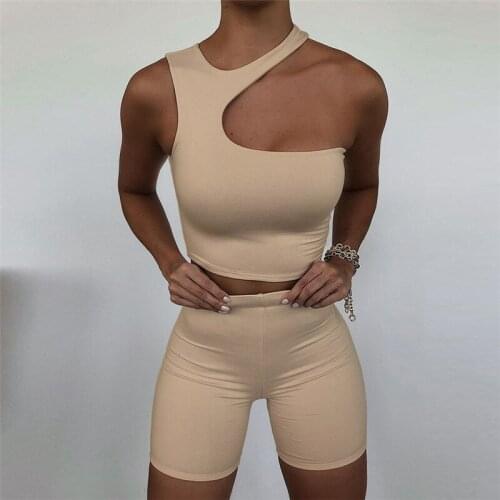Womens Tracksuit Cut Out Sportswear Crop Tops+Elastic Shorts Sporty Ladies Suits Sports 2021 Summer Two Piece Set For Women