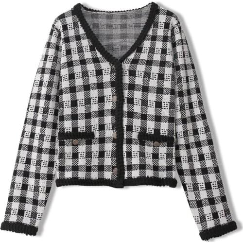 2020 Ladies Tops Vintage Womens High quality Pliad V-neck Sweaters Tweed Coat Elegant Women Single-Breasted Cardigan Jumpers