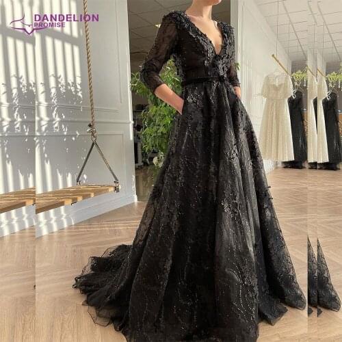 Elegant Dubai A-Line Evening Dress for Women 2021 V Neck Long Sleeves 3D Flowers Full Lace Formal Prom Party Gowns
