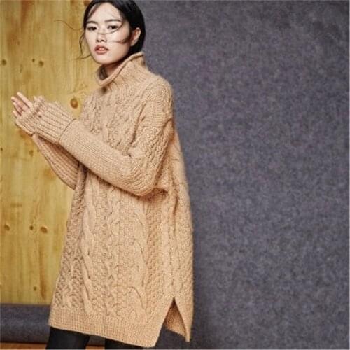 100% hand made wool turtleneck thick knit women casual open hem solid loose long pullover sweater black 4color customized