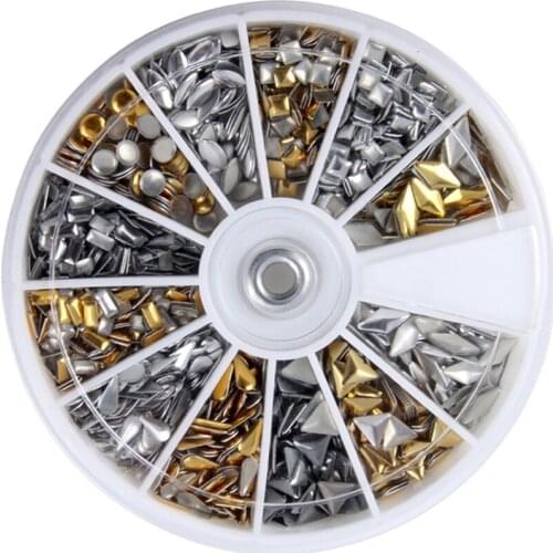 600 pcs 3D Design Nail Art Different Metallic Studs Gold & Silver Stud Wheel Manicure