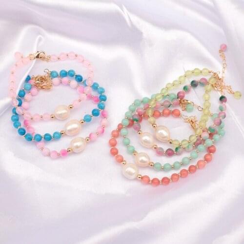 Large single natural real pearl beaded multi color synthetic crystal bracelet girl real gold plated jewelry adjustable length