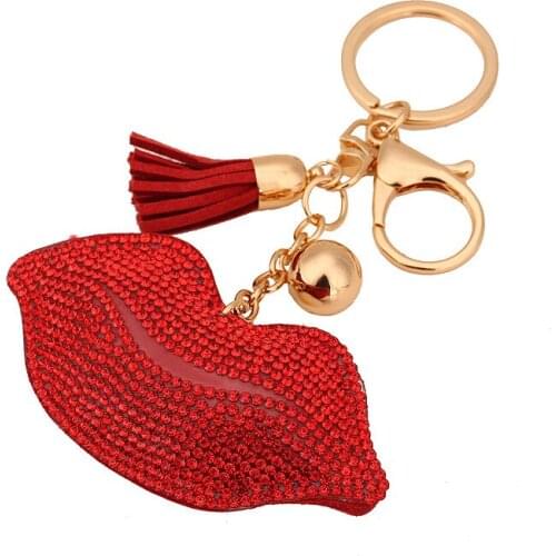 Rhinestone Keychain Lip Leather Tassel Cute Car Key Chain Keyring Cover Holder Purse Handbag Bag Charm Trinket Chaveiro Llaveros