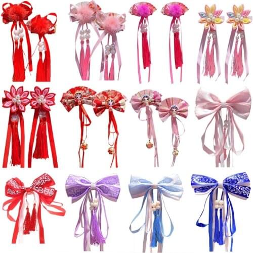 Children Baby Girls Chinese Style Hair Clips Furry Balls Bows Flower Tassels Barrettes Kids New Year Festival Party Hairpins Ha
