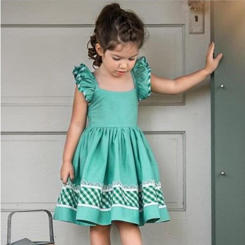 Children Kids Girls Dress Backless Plaid green Ruffles Lace Plaid Dresses Summer Girl Clothing Sleeveless Clothes