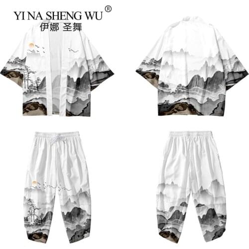 Japanese Style Vintage Kimono Haori Pants Set Men Traditional Harajuku Streetwear Samurai Cardigan Yukata Asian Fashion Costumes