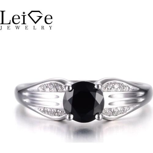 Leige Jewelry Natural Black Spinel Ring Engagement Rings Round Cut Black Gemstone 925 Sterling Silver Fine Jewelry Prong Setting
