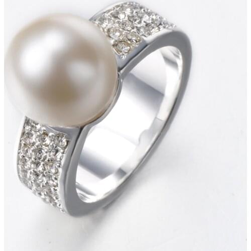 925 Sterling Silver White Artificial Pearls Rings Pave Setting Three Rows CZ Crystal Ring Jewelry For Women Free Shipping SRI081