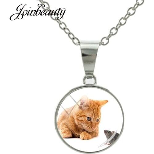 JOINBEAUTY New Lovely Cat Animal Fashion Women Necklaces Glass Cabochon Snap Button Handmade Necklace Pendant DIY Jewelry E805