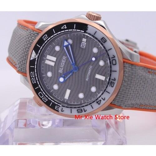 Bliger 41mm Automatic Mechanical Mens Watch Luxury Brand Rubber Strap Luminous Waterproof Military Calendar Clock Wristwatch Men