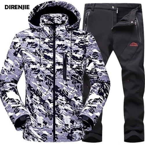 DIRENJIE Winter Men Waterproof Trekking Camouflage Soft shell Outdoor Hoodie Jacket Hiking Camping Sharkskin Fleece Pants sets