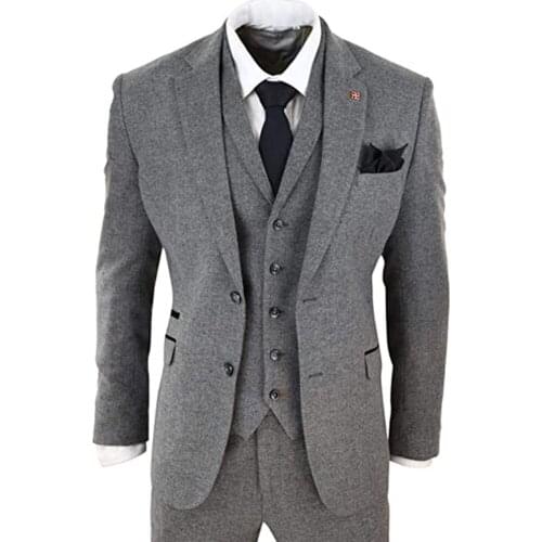 Fashion Male Wool Overcoat Business Notch Lapel Grey Tweed Terno Masculino Marriage Formal Jacket+Vest+Pants 3 Pieces Mens Suits