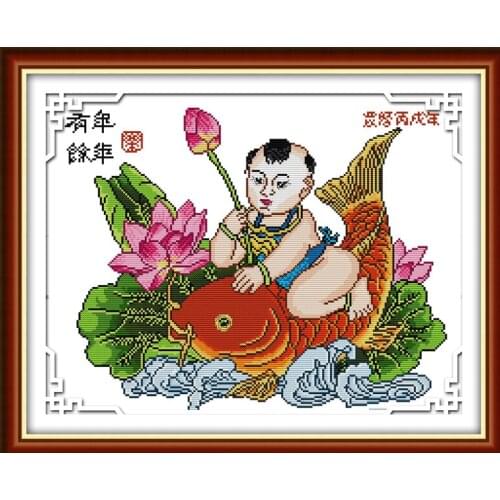 Kid and fish cross stitch kit people 18ct 14ct 11ct count print canvas stitches embroidery DIY handmade needlework