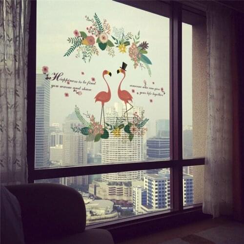 Couple Flamingo With Flowers Vine Wall Sticker For Shop Bedroom Living Room Home Decoration Safari Bird Mural Art Diy Pvc Decal