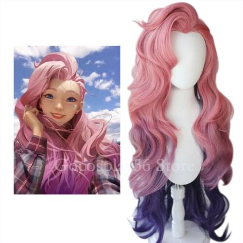 Seraphine Wig LoL Cosplay NEW KDA Gradual Pink Purple Synthetic Hair 100cm Long Curly Wig Body Wave Women NEW Seraphine Cosplay