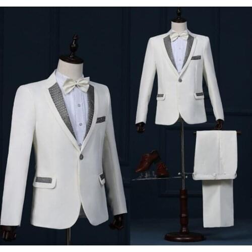 Paillette stage clothing for men suit set with pants 2020 mens wedding suits costume groom formal dress singer star style dance