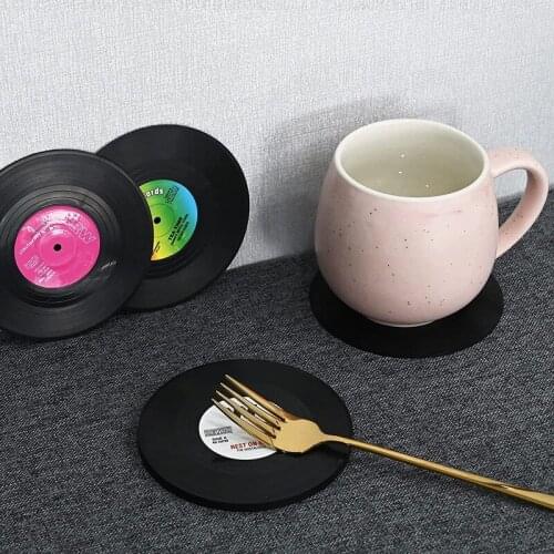 Drink Coasters Retro CD Record Coaster Set Round Cup Mat with Non-Slip Bar Mats Accessories for Home Pub