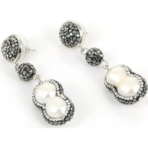 Peanut Gourd Shape Natural White Freshwater Pearl Paved Black Rhinestone Ball Dangle Earring For Women