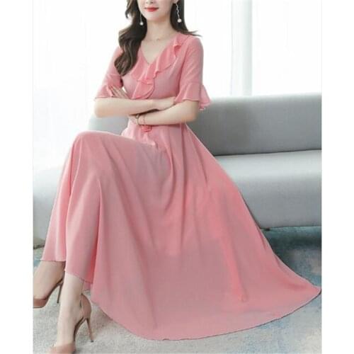 Chiffon dress 2020 Korean summer new fashion V-neck flared sleeves Slim was thin temperament big swing dress