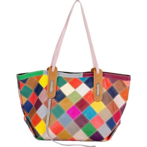 Womens Bag Soft Genuine Leather Ladies Handbag Contrast Lattice New Large Capacity Shoulder Bag Female Son-Mother Colorful Bag