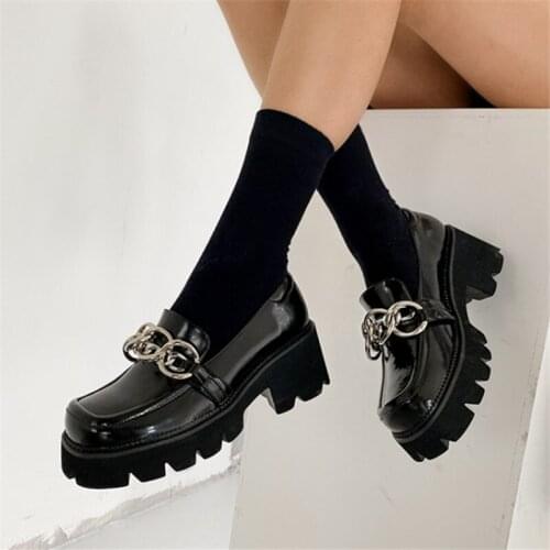 PXELENA Metal Chain Women Punk Rock Gothic Loafers Genuine Leather Plus Size 34-41 Slip On Block Chunky High Heels Shoes Street