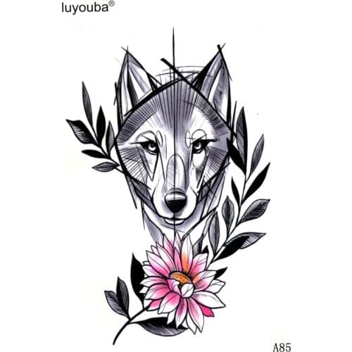 Wolf And Flower Waterproof Temporary Tattoos Men Tatuagens Tatoo Temporary Stickers Body Sticker Feminino Fake Tattoo Sleeve