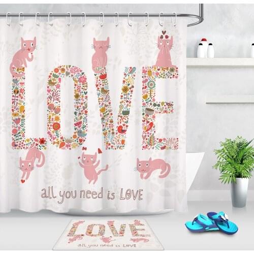 Creative Love Animal Plant Flower Cat Shower Curtain Valentines Day Bathroom Non-slip Mat Waterproof Bath Curtain With Hooks
