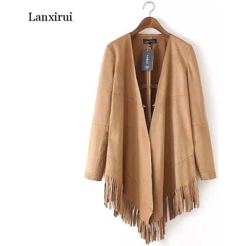 Womens hot sale fashion basic jackets button pockets tassel suede bomber jackets NEW winter coats Brown Tassel outerwear